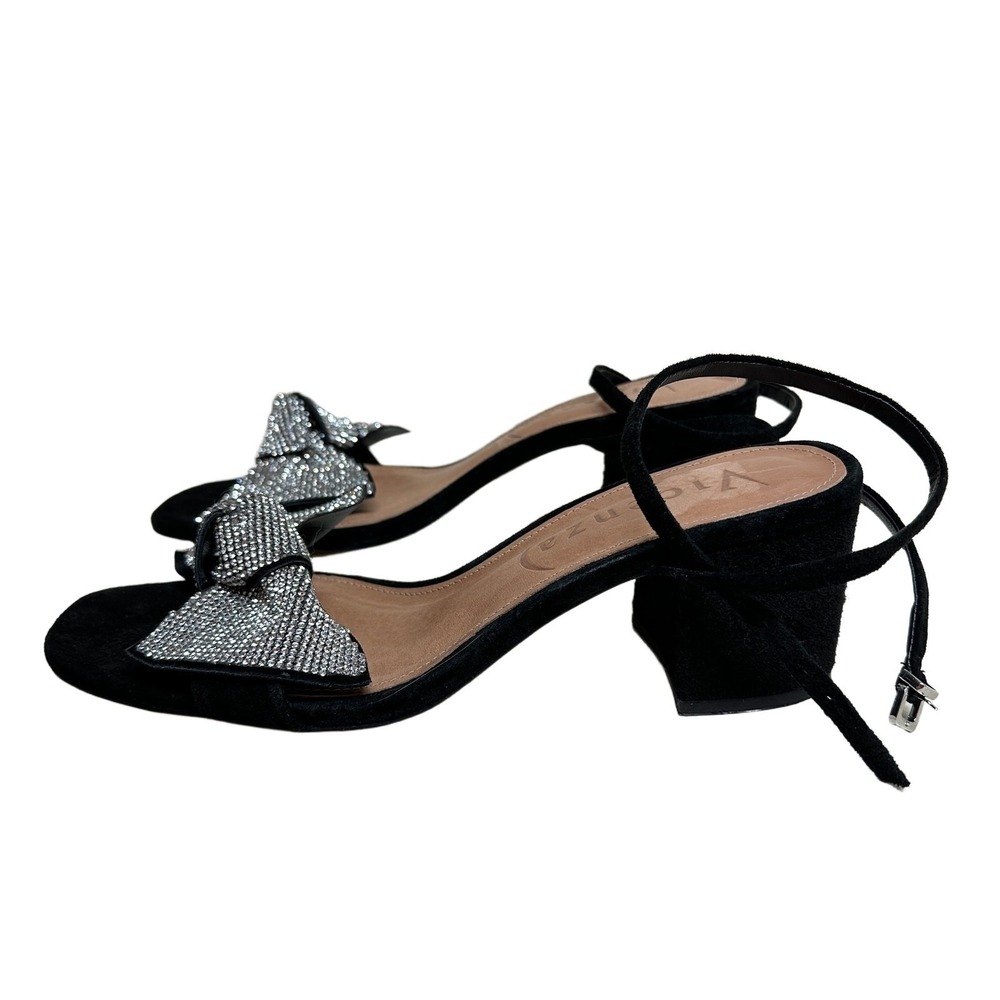 Anthropologie Vicenza Black Suede Rhinestone Bow Block Heel Sandals Women's US 9 - Picture 5 of 7